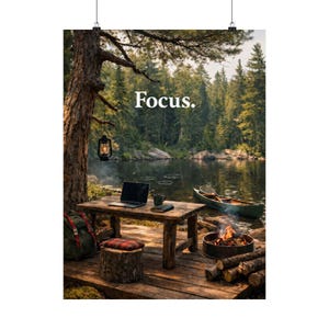 Peut inclure: Une affiche avec une scène de bord de lac et le mot "Focus". Un ordinateur portable, une tasse et un carnet sont posés sur une table en bois. Un feu de camp brûle à proximité, et un canoë est sur l'eau. Un sac à dos et un tabouret en souche avec un coussin à carreaux sont également visibles.