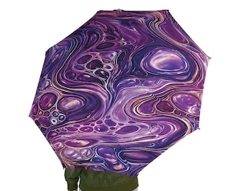 Ombrello pieghevole semiautomatico con effetto fluido viola, ombrello astratto marmorizzato da pioggia, ombrello da viaggio con vortice viola, idea regalo unica