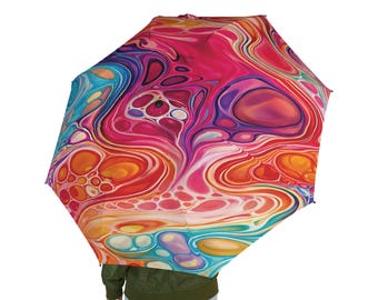 Ombrello pieghevole semiautomatico con effetto fluido colorato, rosa e arancione, psichedelico, marmorizzato, antipioggia, astratto, da viaggio, idea regalo