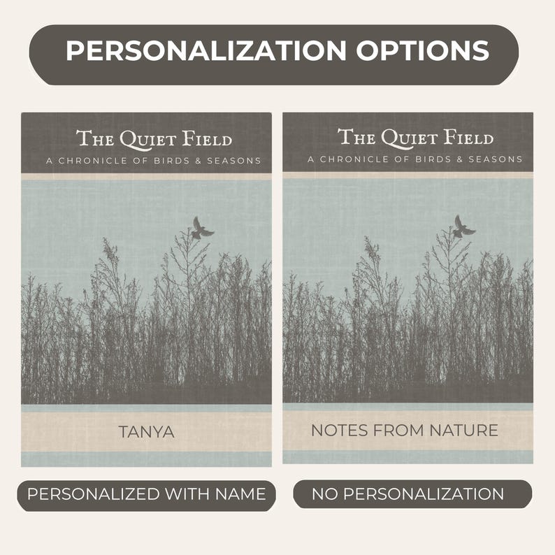 Puede incluir: Imagen que muestra dos portadas de libros con el t&iacute;tulo "The Quiet Field" y el subt&iacute;tulo "A Chronicle of Birds & Seasons". Una portada est&aacute; personalizada con el nombre "Tanya", y la otra dice "Notes From Nature". La imagen tambi&eacute;n incluye el texto "Opciones de personalizaci&oacute;n".
