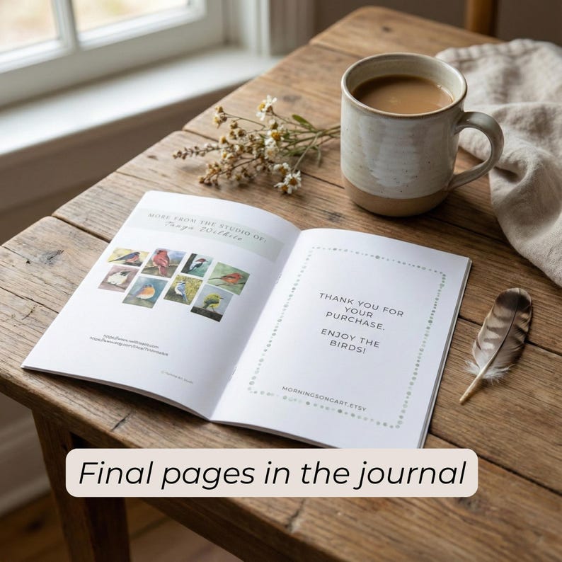 May include: An open book with bird illustrations and the text "Thank you for your purchase. Enjoy the birds!" sits on a wooden table. A mug of coffee, a feather, and flowers are also on the table.