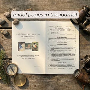 May include: An open observation journal with the text "The Quiet Field" and illustrations of birds. A compass, binoculars, and small stones are arranged around the journal on a wooden surface.