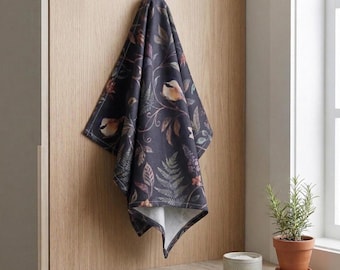 Dark Botanical Towel Kitchen Decor Bird Textile Cottage Core Nature Inspired Floral Design Chickadee Pattern Tea Moody Aesthetic Farmhouse