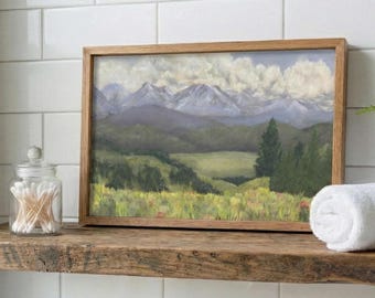 Mountain Landscape Print Powder Room Wall Art Horizontal Nature Artwork Alpine Meadow Painting Farmhouse Decoration Serene Biophilic Decor