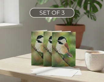 Chickadee Greeting Card Set Blank Note Handmade Design Pastel Illustration Bird Art Wildlife Stationery Nature Lover Birthday Birdwatcher
