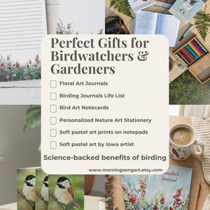 Puede incluir: Una variedad de art&iacute;culos de papeler&iacute;a y diarios con temas de la naturaleza, que incluyen cuadernos, tarjetas de notas y diarios. La imagen presenta arte floral, ilustraciones de aves y el texto "Perfect Gifts for Birdwatchers & Gardeners". Tambi&eacute;n se ve una taza de caf&eacute;.