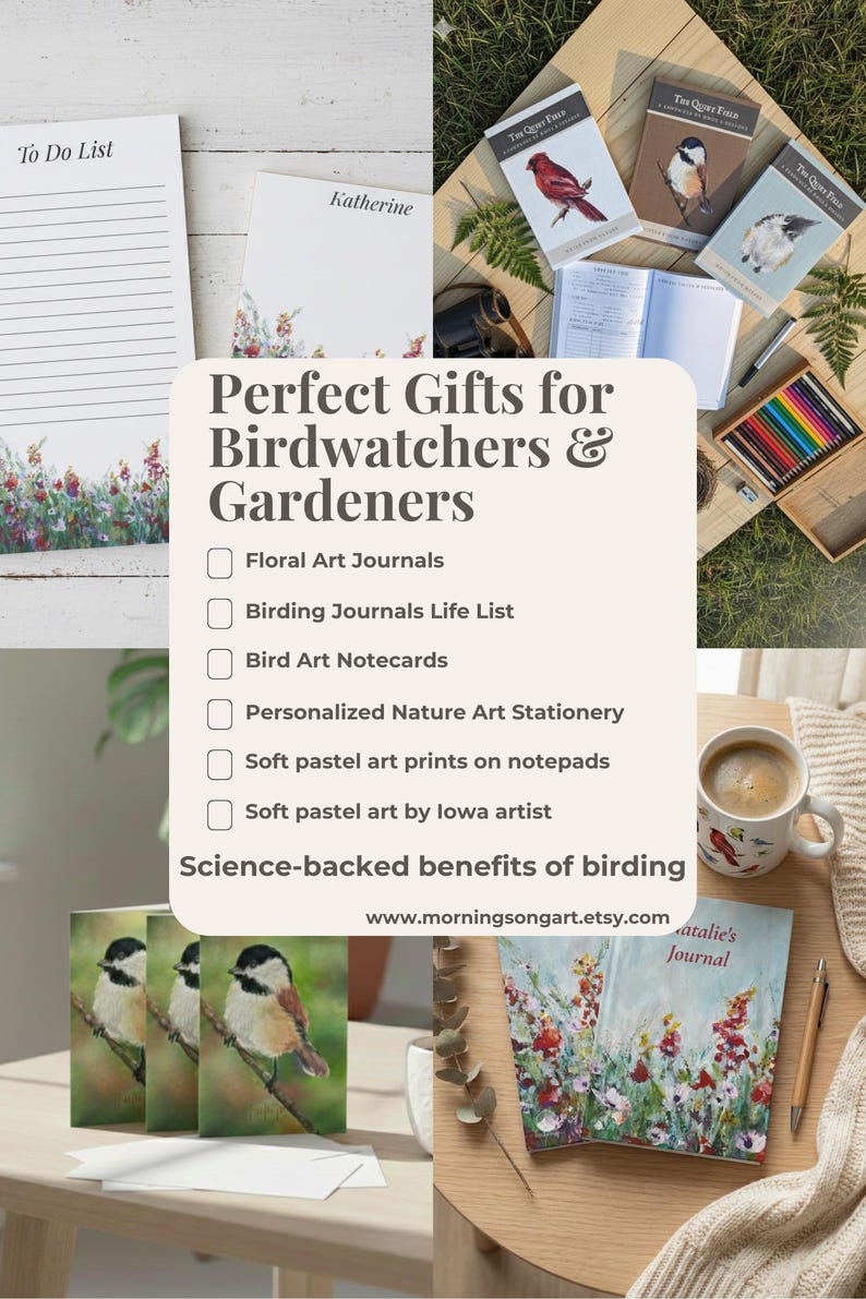 Puede incluir: Una variedad de art&iacute;culos de papeler&iacute;a y diarios con temas de la naturaleza, que incluyen cuadernos, tarjetas de notas y diarios. La imagen presenta arte floral, ilustraciones de aves y el texto "Perfect Gifts for Birdwatchers & Gardeners". Tambi&eacute;n se ve una taza de caf&eacute;.