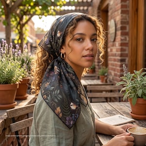 May include: A dark-colored square headscarf featuring a botanical print with various flowers, leaves, and small birds. The scarf is tied under the chin and is made of a lightweight, semi-sheer fabric with a smooth texture and a dark border.