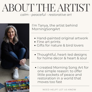 Puede incluir: Gr&aacute;fico informativo titulado "ACERCA DEL ARTISTA" con el texto "calma - pac&iacute;fico - arte restaurador". La imagen incluye una foto de Tanya, la artista detr&aacute;s de MorningSongArt, y vi&ntilde;etas que describen su trabajo: obras de arte pintadas a mano, grabados art&iacute;sticos y regalos para los amantes de la naturaleza.