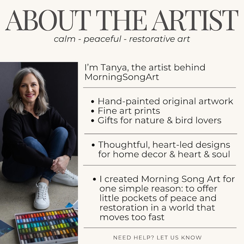 Puede incluir: Gr&aacute;fico informativo titulado "ACERCA DEL ARTISTA" con el texto "calma - pac&iacute;fico - arte restaurador". La imagen incluye una foto de Tanya, la artista detr&aacute;s de MorningSongArt, y vi&ntilde;etas que describen su trabajo: obras de arte pintadas a mano, grabados art&iacute;sticos y regalos para los amantes de la naturaleza.