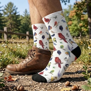 Bird Art Sock Design Inspiration Fashion Statement Crew Style Comfort Wear Colorful Pattern Avian Illustration White Background Cushioned