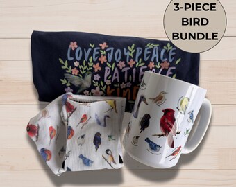 Bird Watcher Gift Bundle Set Christian Apparel Nature Lover Gift Idea Original Art Bird Illustration Mug Tee Socks