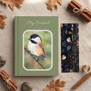 Cuaderno personalizado con diseño de carbonero, acabado mate, tapa dura, marcapáginas de naturaleza, regalo ideal para Navidad o para amantes de las aves.