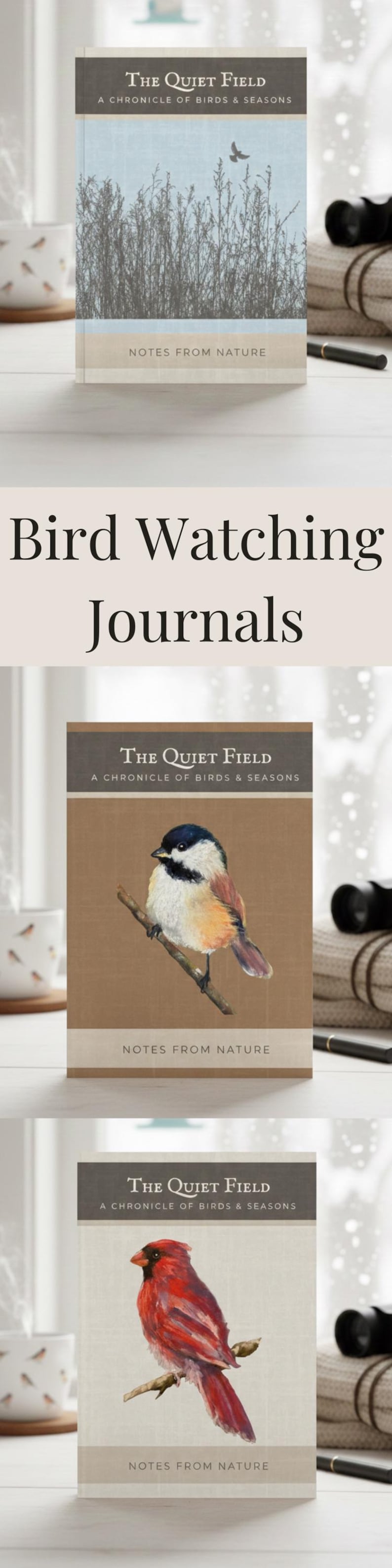 Puede incluir: Diarios de observaci&oacute;n de aves con ilustraciones de aves en las portadas. Los diarios se titulan "The Quiet Field: A Chronicle of Birds & Seasons" e incluyen el texto "Notes from Nature". La imagen muestra tres portadas de diarios diferentes.