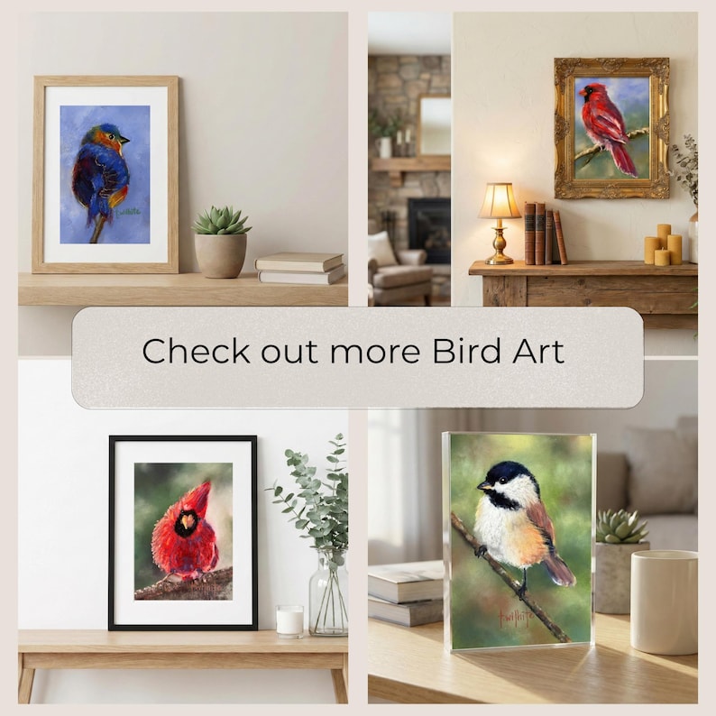 Puede incluir: Una colecci&oacute;n de impresiones art&iacute;sticas de aves enmarcadas. Las impresiones presentan aves coloridas, como un azulejo y un cardenal, exhibidas en estantes y mesas. El texto "Check out more Bird Art" tambi&eacute;n es visible.