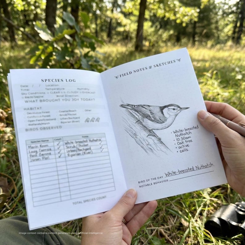 An open Birdwatching notebook with the title "Species Log" and "Field Notes & Sketches" is held in the grass. The notebook features a sketch of a White-breasted Nuthatch and a checklist. A pen and binoculars are also visible.