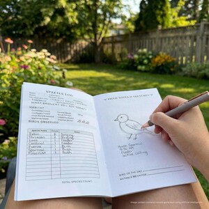 An open bird watching notebook with a bird species log and sketches. A hand holds a pen, sketching a bird. The notebook includes sections for habitat, birds observed, and notes. The background shows a sunny outdoor scene.