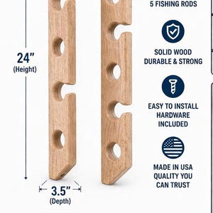 May include: A light-colored wooden fishing rod holder for wall or ceiling mounting, featuring vertical and horizontal orientation. It measures 24 inches in height and 3.5 inches in depth, with five circular slots to hold fishing rods securely.
