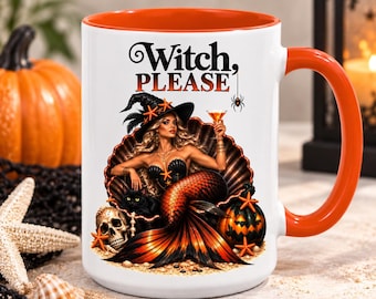 Halloween Witch Mermaid Mug, Funny Halloween Mug for Her, Witch Coffee Cup, Mermaid Lover Gift, Coastal Drinkware Halloween Mug, 11oz & 15oz