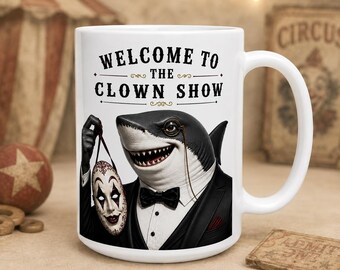 Halloween Shark Mug, Clown Show Shark Art Mug, Funny Shark Coffee Cup, Creepy Clown Mask Mug, Spooky Costume Shark Gift, Halloween Humor Mug