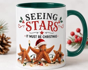 Funny Starfish Christmas Mug, Seeing Stars Holiday Cafe Cup, Beachy Christmas Gift, Coastal Holiday Decor, Ocean Lover Secret Santa Exchange