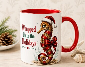 Funny Seahorse Christmas Mug Coastal Christmas Coffee Cup Ocean Lover Holiday Gift Beach Christmas Mug Seahorse Lover Gift Ceramic Mug