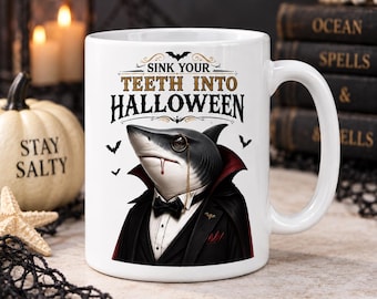 Funny Halloween Shark Mug, Vampire Sink Your Teeth Into Halloween 15oz Coffee Cup, Dapper Shark Mug, Funny Halloween Gift, Ghoul Lover Gift