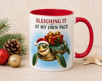 Funny Sea Turtle Christmas Mug, Cute Ocean Lover Holiday Gift, Unique Secret Santa Present, Quirky Marine Life Mug, Marine Biology XMAS Gift