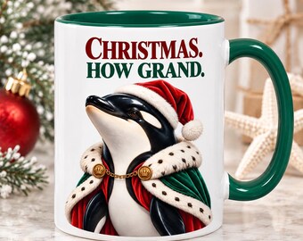 Funny Orca Christmas Mug, Christmas How Grand Killer Whale Holiday Two-Sided Coffee Cup, Funny XMAS Gift, Whale Lover Gift, Diner Drinkware