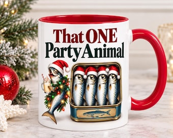 Funny Sardine Christmas Mug, That ONE Party Animal, Holiday Party Mug, Funny Coworker Gift, Secret Santa Gift, Fish Lover Gift