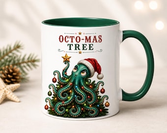 Octopus Christmas Mug, Octo-mas Tree Mug, Octopus Lover Gift, Funny Coastal Christmas Mug, Ocean Lover Holiday Gift, Santa Hat XMAS Cup