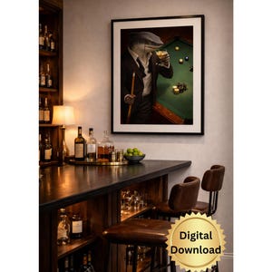 Cuadro decorativo de tiburón para billar, decoración sofisticada para bar, estampado surrealista de animales marinos, póster para sala de juegos, arte único para oficina, archivo digital imprimible.