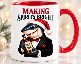 Funny Shark Christmas Mug, Making Spirits Bright Holiday Two Sided Cup, Shark Lover Gift, Funny Christmas Coffee Mug, Coastal Holiday Gift