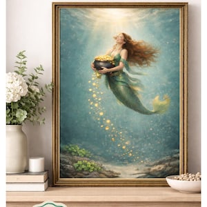 May include: A framed digital art print featuring a mermaid with flowing red hair and a green tail, holding a pot of gold. The artwork has a fantasy theme with a teal and gold color palette. The words "Digital Download" are visible.