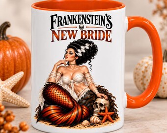 Halloween Mermaid Mug, Frankenstein Bride Coffee Mug, Funny Halloween Gift for Her, Gothic Mermaid Cup, Spooky Coastal Decor