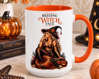 Halloween Mermaid Resting Witch Face Mug – Funny Halloween Witch Coffee Cup, Cute Spooky Season Gift, Orange & Black Witch Art, Fall Humor