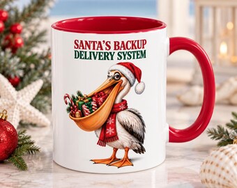Funny Christmas Pelican Mug, Holiday Gift for Bird Lovers, White Elephant, Secret Santa Exchange, Cute Winter Animal Tea Mug, Coastal Coffee