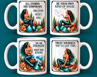 Juego de 4 tazas de sirena, paquete de tazas de café de cerámica de 444 ml, caja de regalo motivacional de sirena para mujeres, taza oceánica con mentalidad positiva, tazas de té grandes