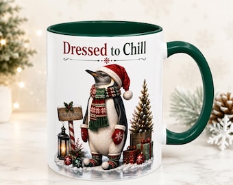 Dressed to Chill Penguin Christmas Mug, Cute Winter Coffee Cup, Holiday Gift for Penguin Lovers, Santa Hat Mug, Cozy Christmas Drinkware