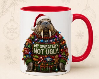 Funny Ugly Sweater Christmas Mug, Walrus Coffee Mug, Sarcastic Holiday Mug, Christmas Gift for Him, Funny Xmas Coffee Cup, Dishwasher Safe