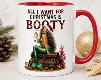 Funny Mermaid Christmas Mug, All I Want for Christmas, Pirate Treasure Mug, Mermaid Gift, Coastal Christmas Gift, Ceramic Red Handle Mug