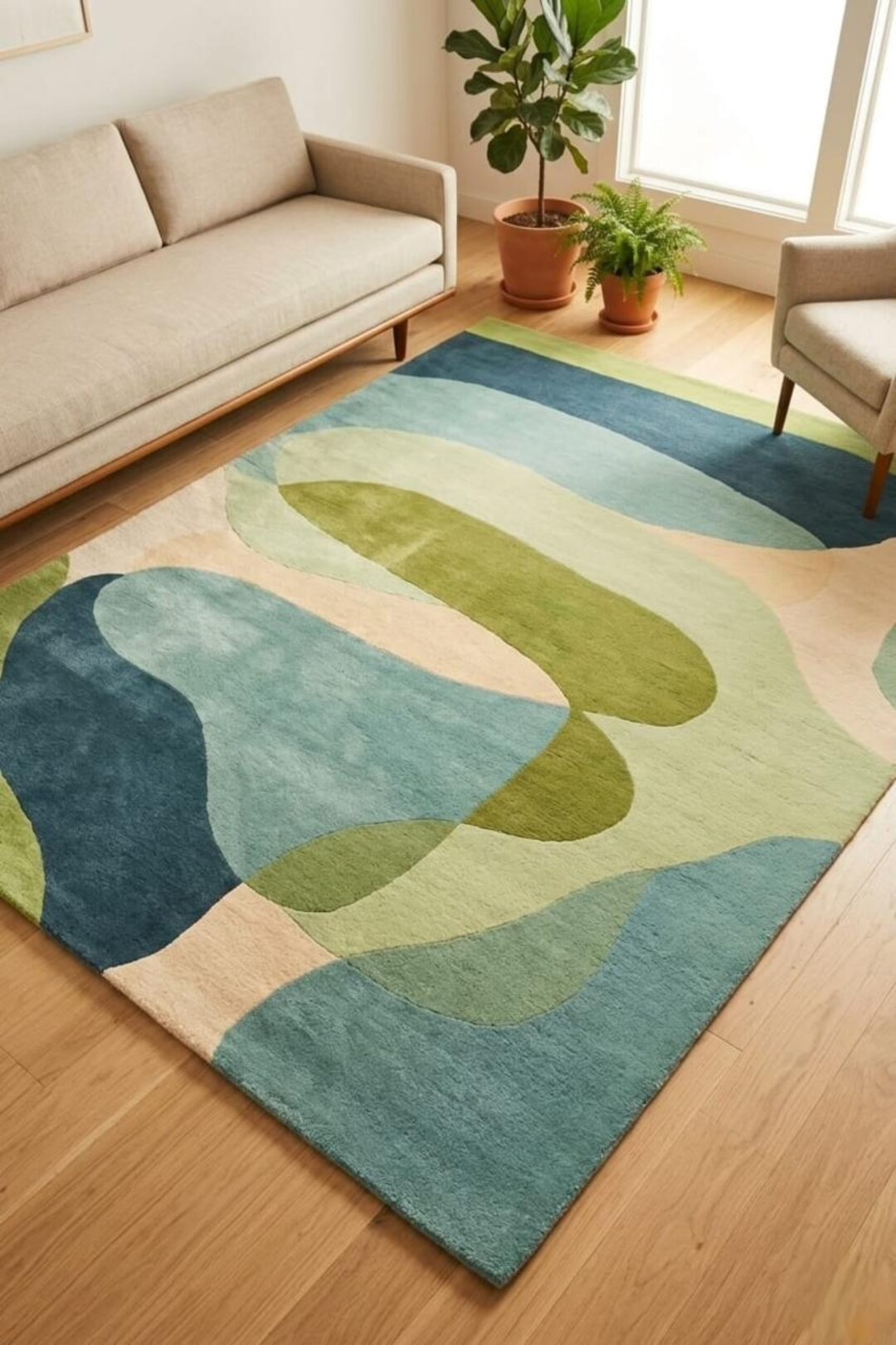 Hand Tufted Abstract Wave Rug Sage Green Teal Wool Area Rug Modern ...