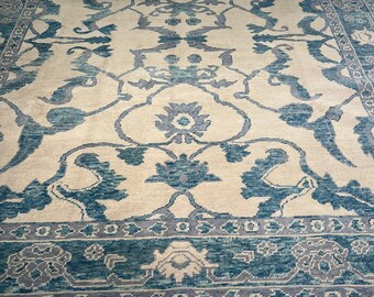 Hand Knotted Blue Rug, Persian Style Floral Carpet, Vintage Oriental Area Rug, Cream Border, Custom Size Handmade Décor for Living Room