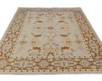 Ivoorbruin Oushak-tapijt, handgeknoopt wollen traditioneel vloerkleed, neutraal beige bloemen Turks tapijt voor woon- of slaapkamerinrichting