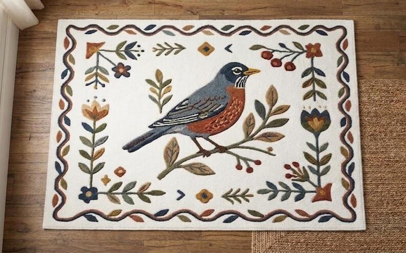 Hand Tufted Wool Rug Folk Art Bird Area Rug Botanical Floral Border ...