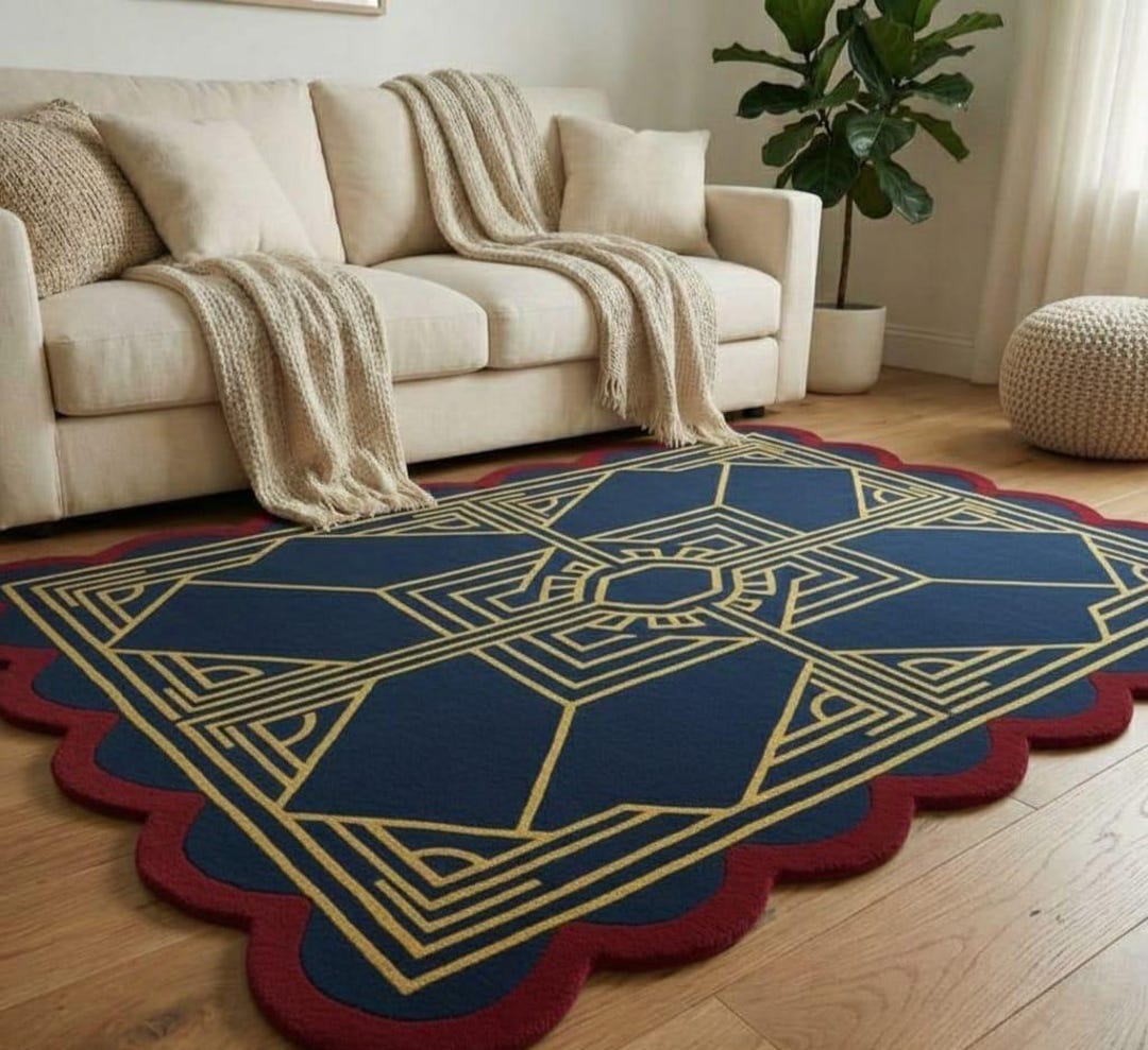 Preppy Blue Rug Hand Tufted Rug Navy Blue Scalloped Area Rug Gold Art Deco Geometric ...