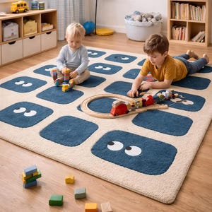 Handtufted Cute Eyes Playroom Rug, Blue Grid Kids Train Track Carpet, Soft Cream Wool Nursery Mat, Fun Whimsical Custom Floor Décor