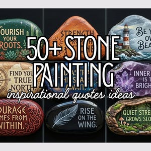 Peut inclure: Une collection de pierres peintes avec des citations inspirantes. Les pierres présentent divers motifs, dont un phare, une boussole et des éléments botaniques, avec des phrases comme "Be Your Own Beacon" et "Nourish Your Roots."