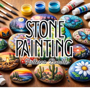 May include: A collection of painted stones with various designs, including butterflies, landscapes, and floral patterns. The image also shows paint tubes, brushes, and paint pots. The text "STONE PAINTING Patterns Bundle" is displayed.