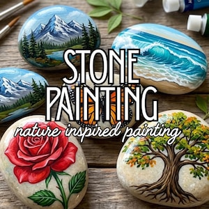 Stone Painting Guide for Beginners: 5 Nature Projects | Rock Art Tutorial PDF | Paint Mountains, Waves, Butterflies, Roses & Trees